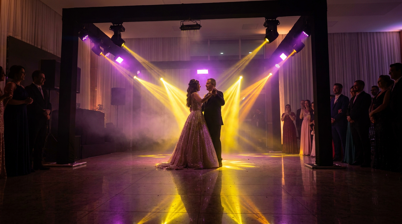 Debutante valsando com o pai sob feixes amarelos e violeta