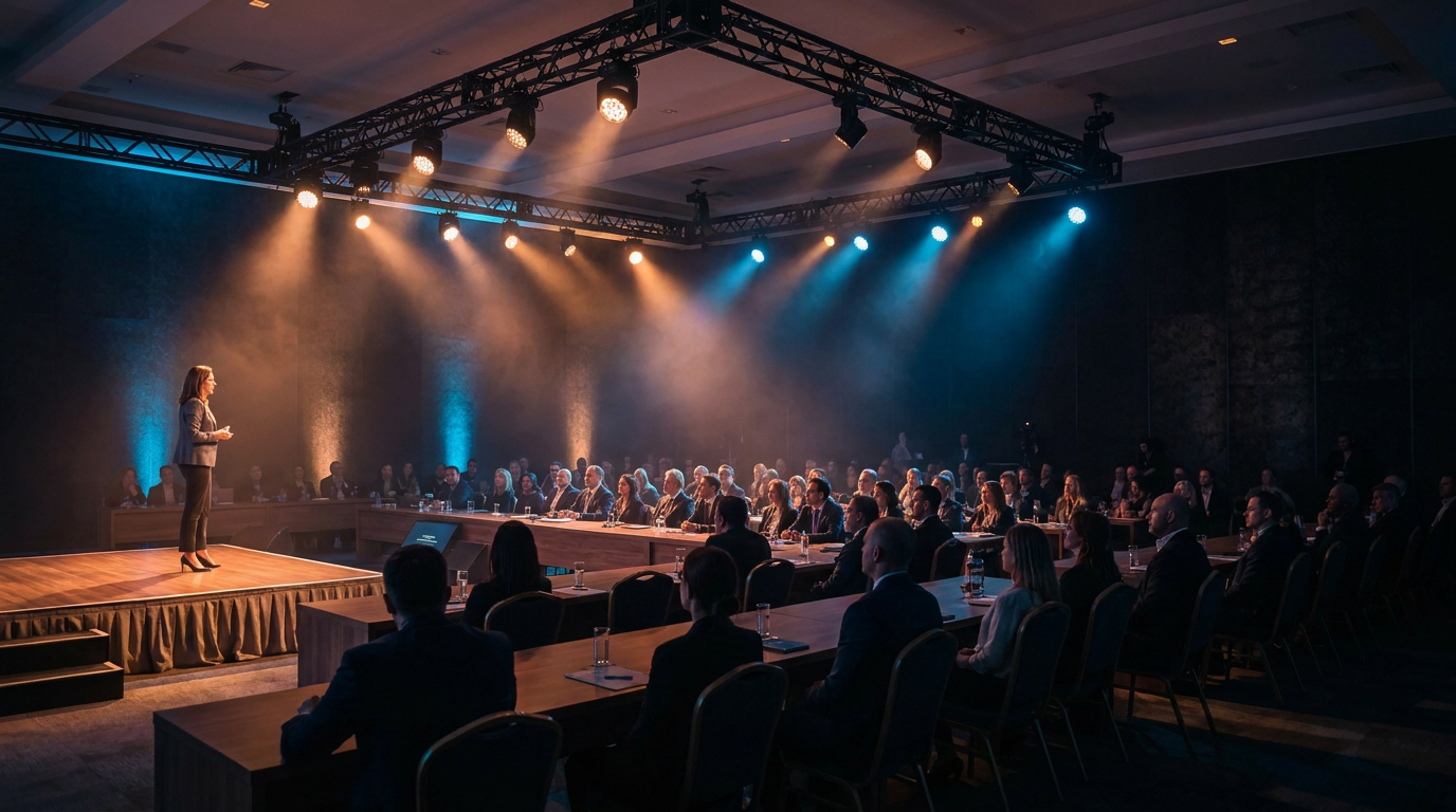 Palestra corporativa com palco iluminado por spots em truss