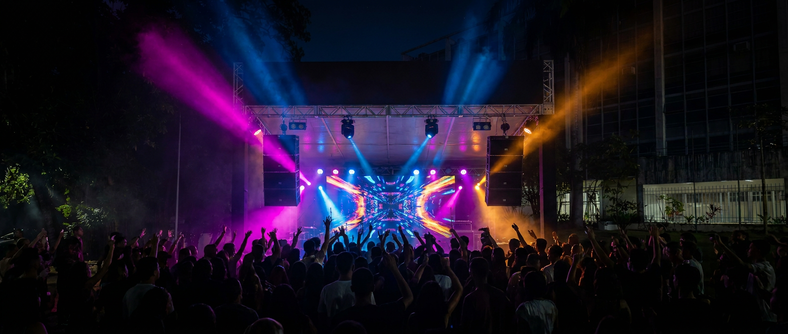 Show noturno da A.Unika com multidão, telão de LED e feixes de luz