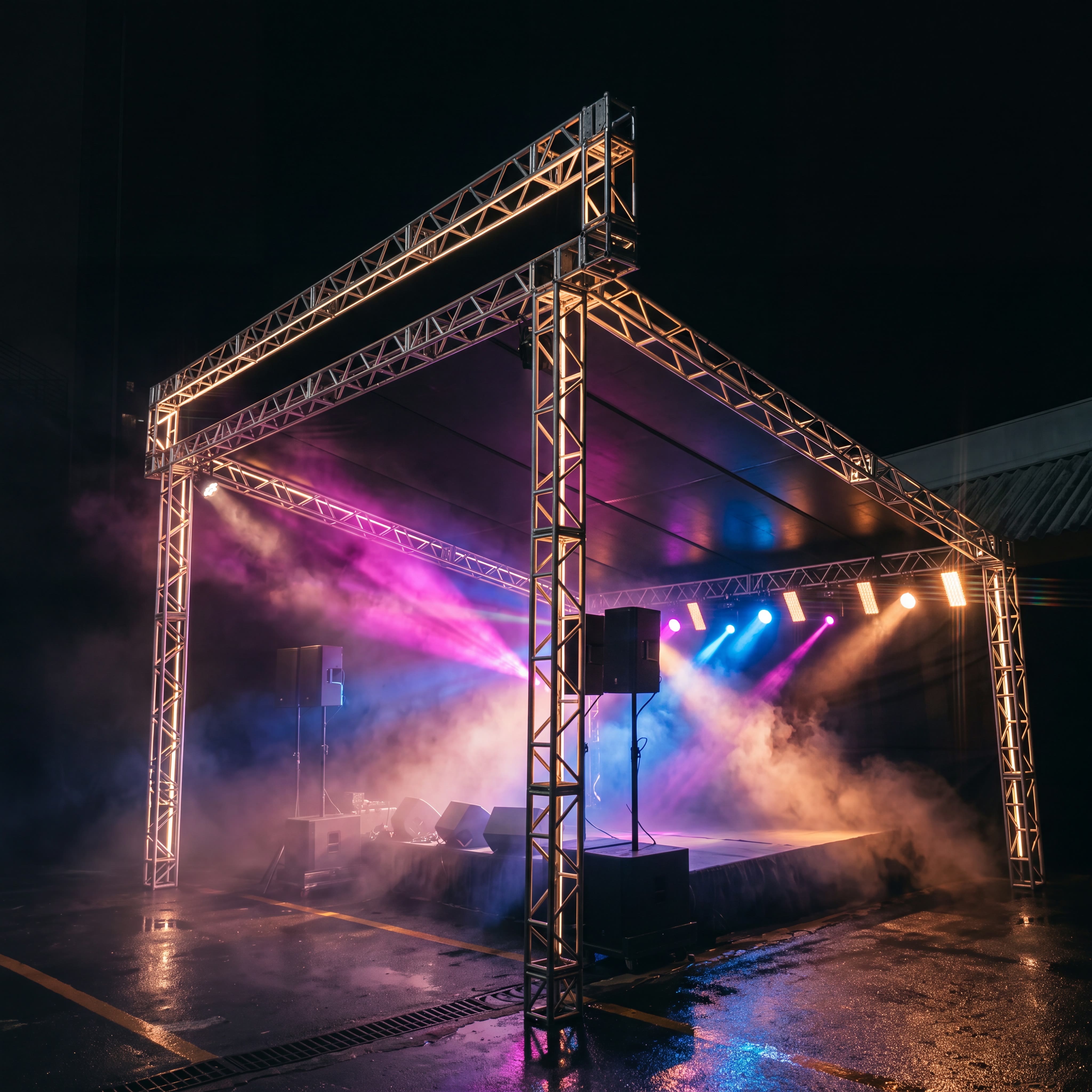 Estrutura de palco montada à noite ao lado do caminhão