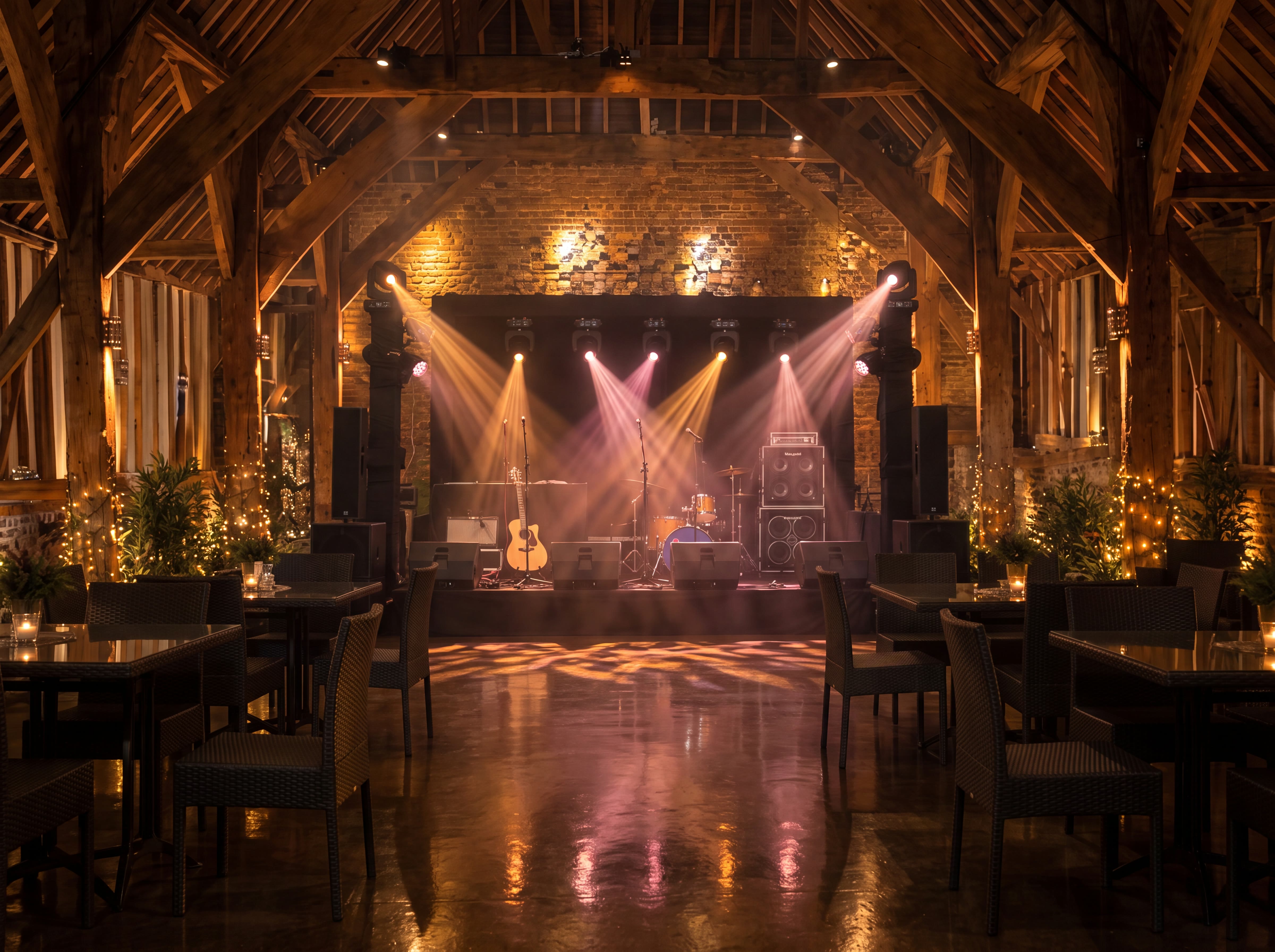 Palco âmbar em salão rústico ao fim da noite