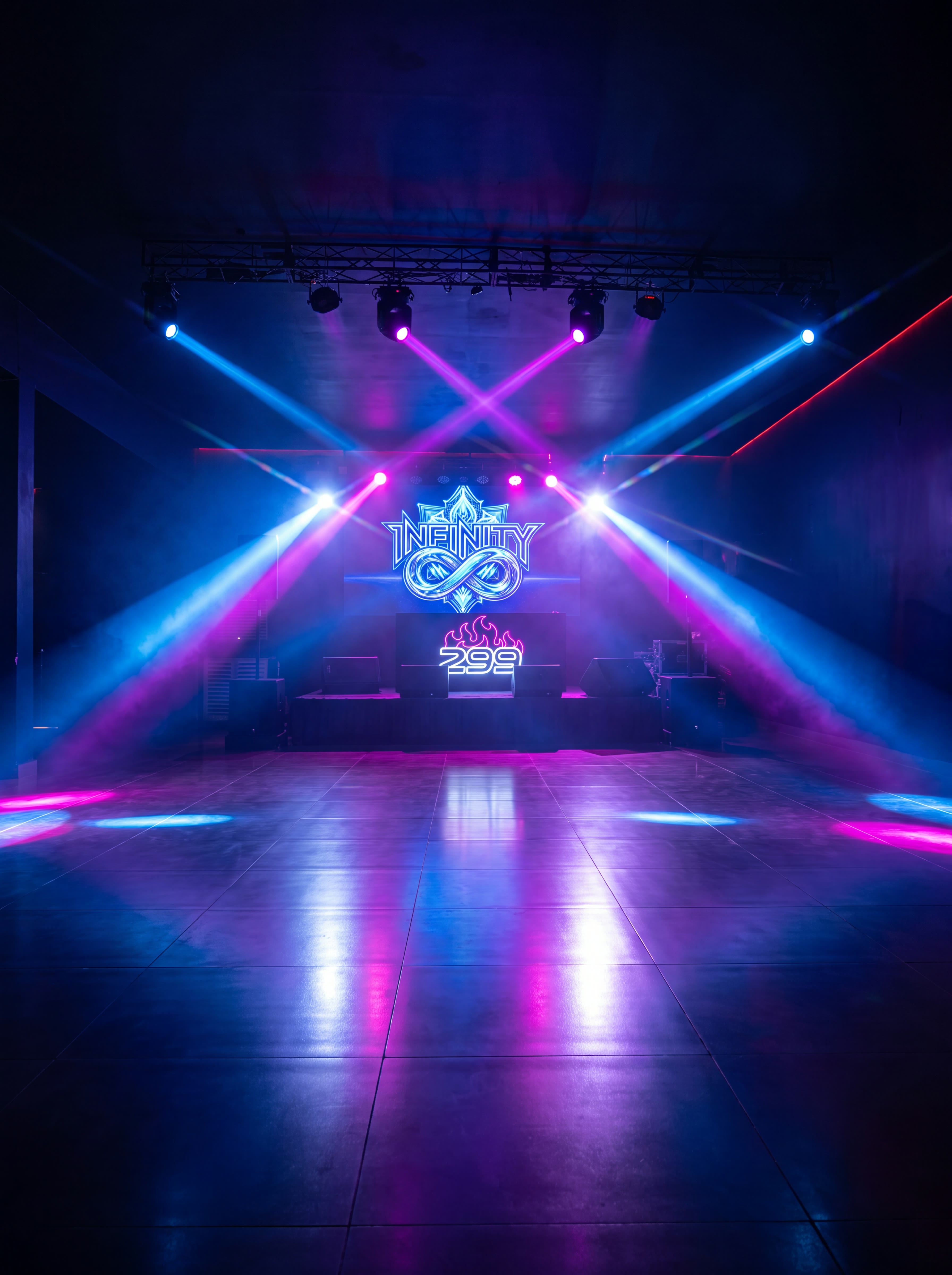 Pista de dança com feixes azuis cortando a fumaça