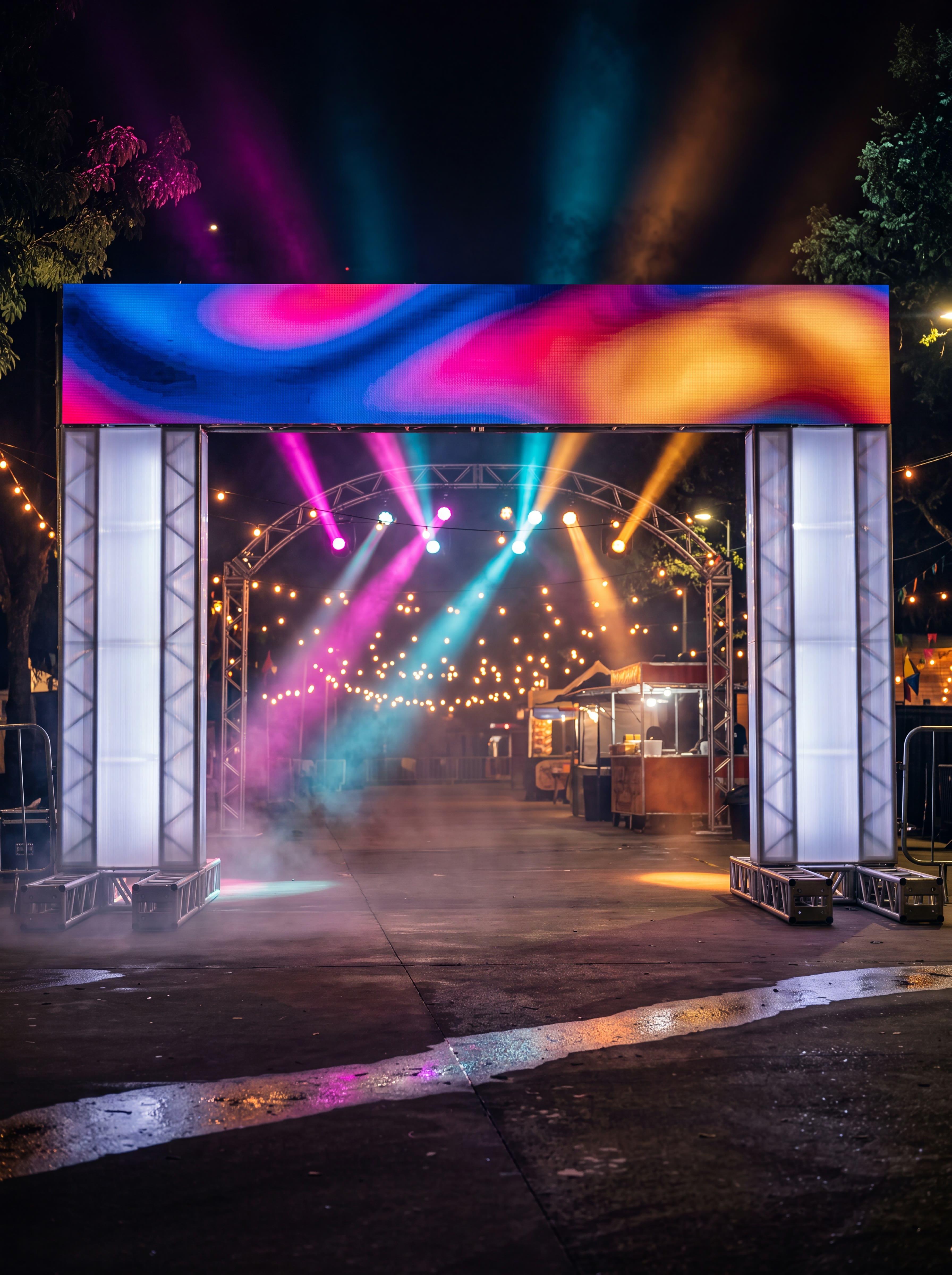 Portal de LED na entrada de festa noturna